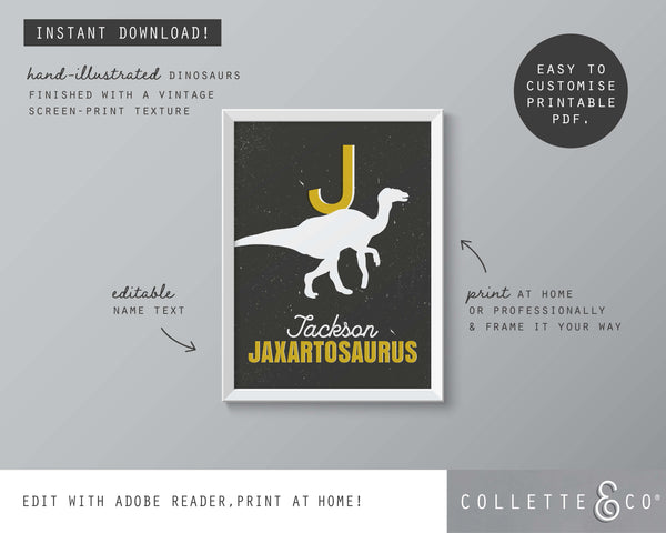 Dinosaur Alphabet A-Z Printable Wall Art (Grey & Yellow)
