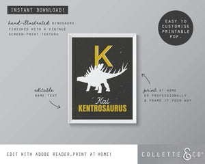 Dinosaur Alphabet A-Z Printable Wall Art (Grey & Yellow)