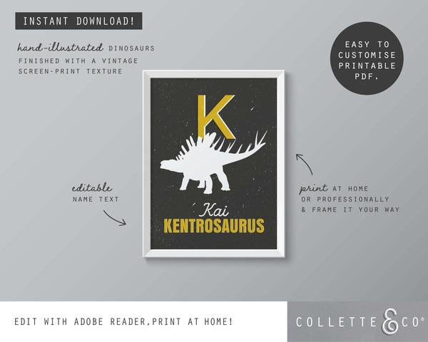 Dinosaur Alphabet A-Z Printable Wall Art (Grey & Yellow)