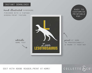 Dinosaur Alphabet A-Z Printable Wall Art (Grey & Yellow)