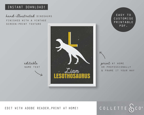 Dinosaur Alphabet A-Z Printable Wall Art (Grey & Yellow)