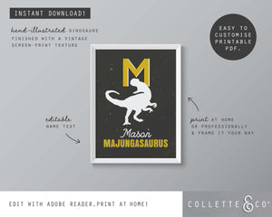 Dinosaur Alphabet A-Z Printable Wall Art (Grey & Yellow)