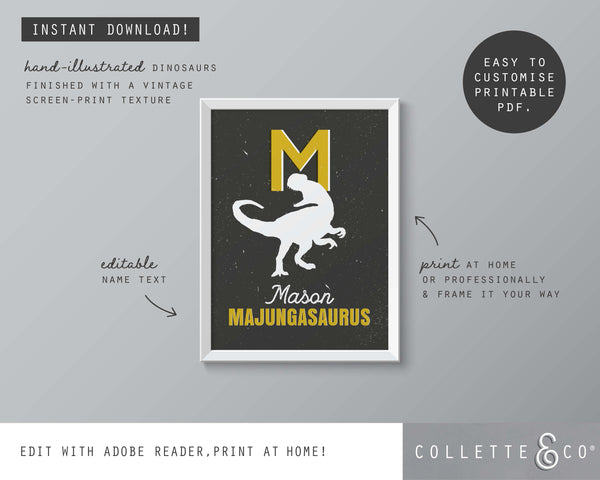 Dinosaur Alphabet A-Z Printable Wall Art (Grey & Yellow)