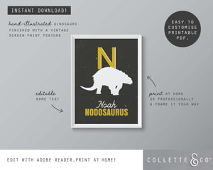 Dinosaur Alphabet A-Z Printable Wall Art (Grey & Yellow)