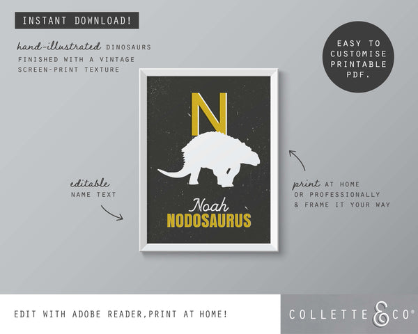 Dinosaur Alphabet A-Z Printable Wall Art (Grey & Yellow)
