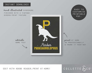 Dinosaur Alphabet A-Z Printable Wall Art (Grey & Yellow)