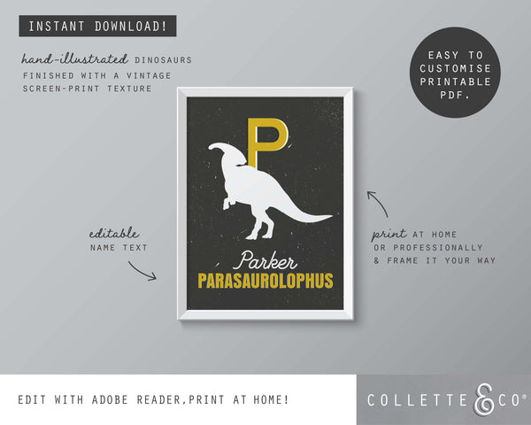 Dinosaur Alphabet A-Z Printable Wall Art (Grey & Yellow)