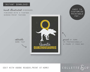 Dinosaur Alphabet A-Z Printable Wall Art (Grey & Yellow)