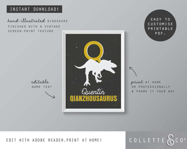 Dinosaur Alphabet A-Z Printable Wall Art (Grey & Yellow)