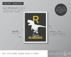 Dinosaur Alphabet A-Z Printable Wall Art (Grey & Yellow)