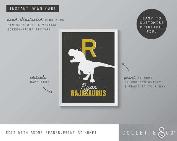 Dinosaur Alphabet A-Z Printable Wall Art (Grey & Yellow)