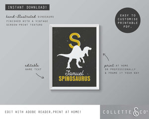 Dinosaur Alphabet A-Z Printable Wall Art (Grey & Yellow)