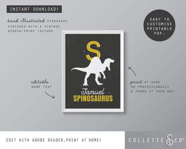 Dinosaur Alphabet A-Z Printable Wall Art (Grey & Yellow)