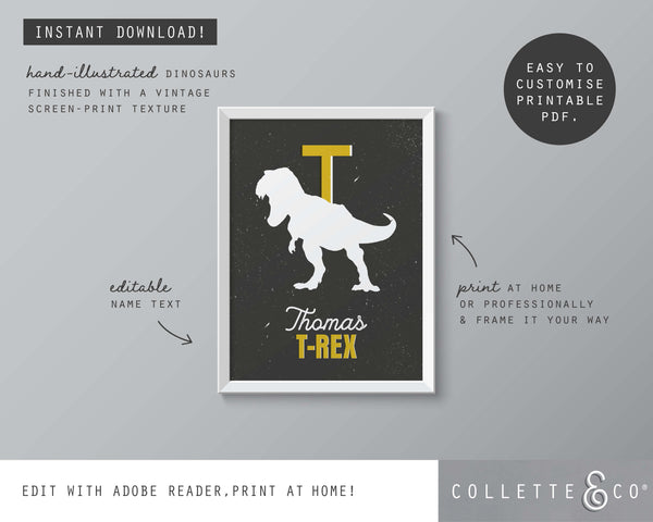 Dinosaur Alphabet A-Z Printable Wall Art (Grey & Yellow)