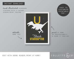 Dinosaur Alphabet A-Z Printable Wall Art (Grey & Yellow)