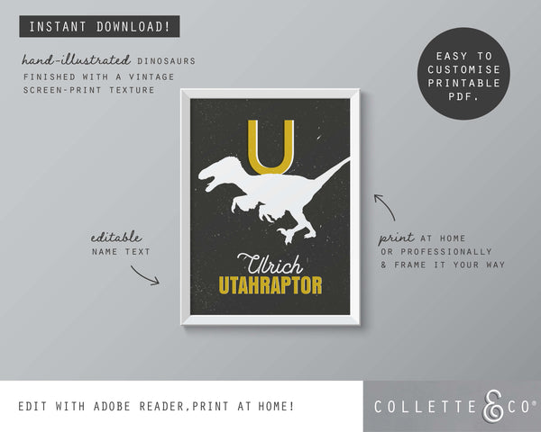 Dinosaur Alphabet A-Z Printable Wall Art (Grey & Yellow)
