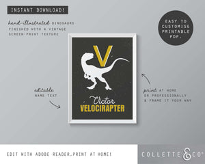 Dinosaur Alphabet A-Z Printable Wall Art (Grey & Yellow)