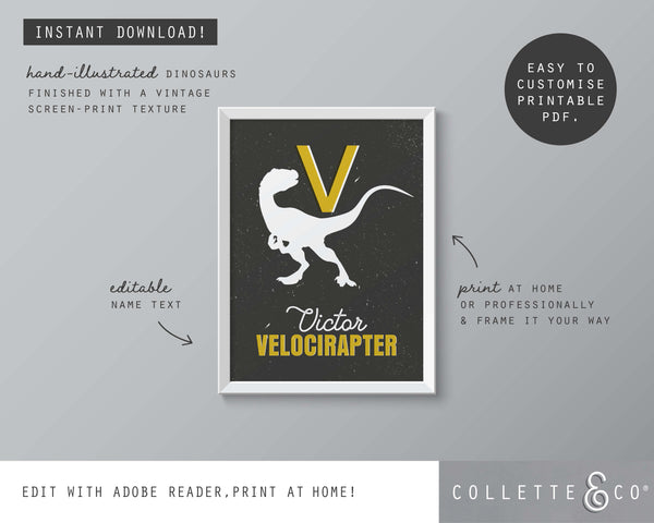 Dinosaur Alphabet A-Z Printable Wall Art (Grey & Yellow)