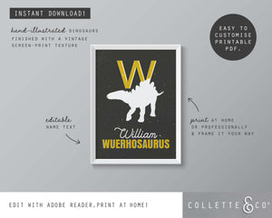 Dinosaur Alphabet A-Z Printable Wall Art (Grey & Yellow)