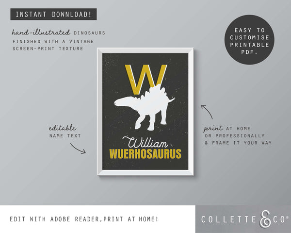 Dinosaur Alphabet A-Z Printable Wall Art (Grey & Yellow)