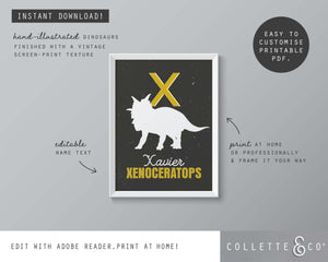 Dinosaur Alphabet A-Z Printable Wall Art (Grey & Yellow)