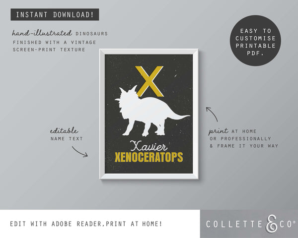Dinosaur Alphabet A-Z Printable Wall Art (Grey & Yellow)