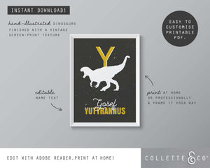 Dinosaur Alphabet A-Z Printable Wall Art (Grey & Yellow)