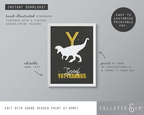 Dinosaur Alphabet A-Z Printable Wall Art (Grey & Yellow)