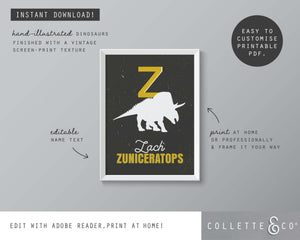 Dinosaur Alphabet A-Z Printable Wall Art (Grey & Yellow)