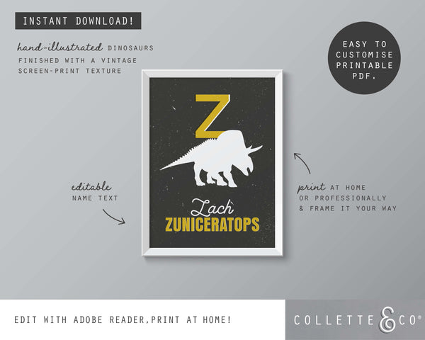Dinosaur Alphabet A-Z Printable Wall Art (Grey & Yellow)