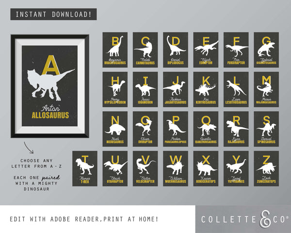 Dinosaur Alphabet A-Z Printable Wall Art (Grey & Yellow)