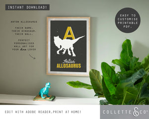 Dinosaur Alphabet A-Z Printable Wall Art (Grey & Yellow)