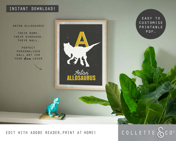 Dinosaur Alphabet A-Z Printable Wall Art (Grey & Yellow)