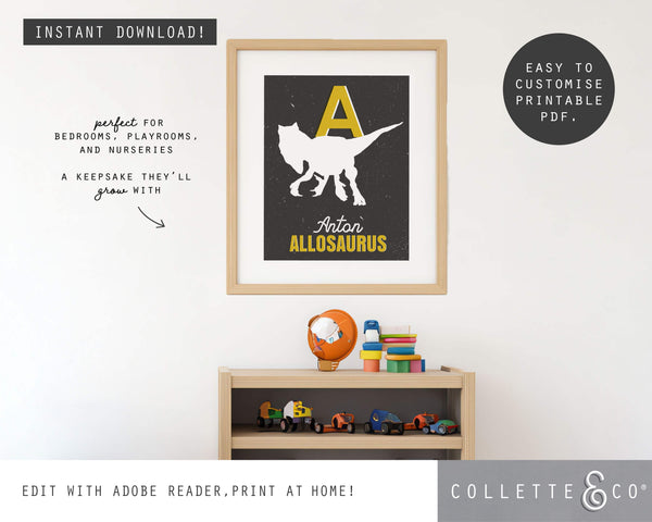 Dinosaur Alphabet A-Z Printable Wall Art (Grey & Yellow)