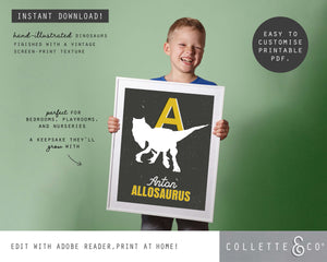 Dinosaur Alphabet A-Z Printable Wall Art (Grey & Yellow)