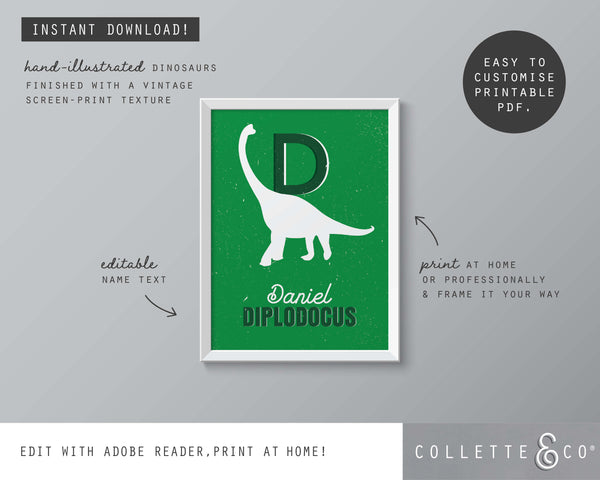 Dinosaur Alphabet A-Z Printable Wall Art (Green)
