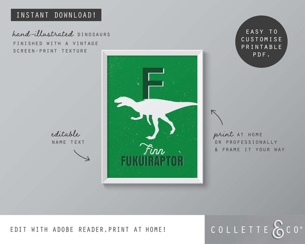 Dinosaur Alphabet A-Z Printable Wall Art (Green)