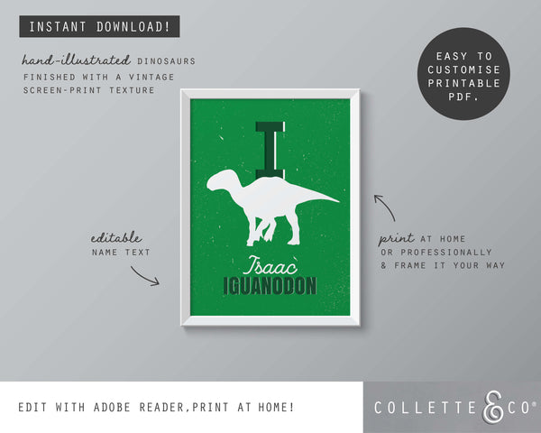 Dinosaur Alphabet A-Z Printable Wall Art (Green)