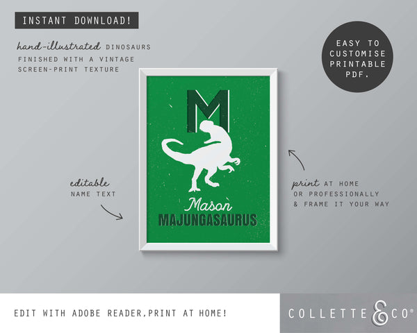 Dinosaur Alphabet A-Z Printable Wall Art (Green)