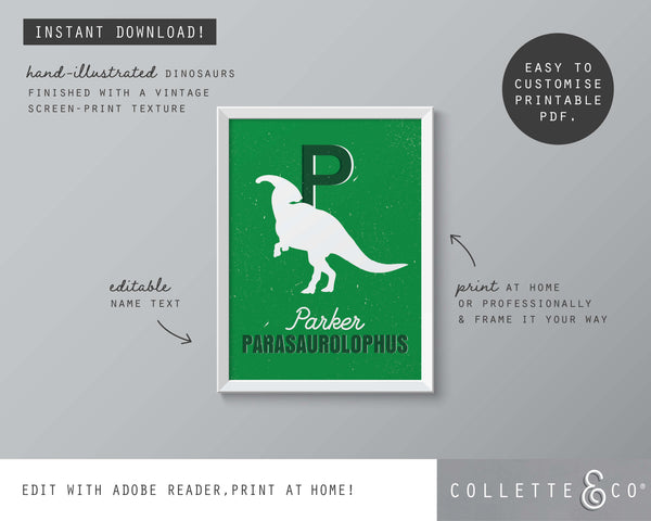 Dinosaur Alphabet A-Z Printable Wall Art (Green)