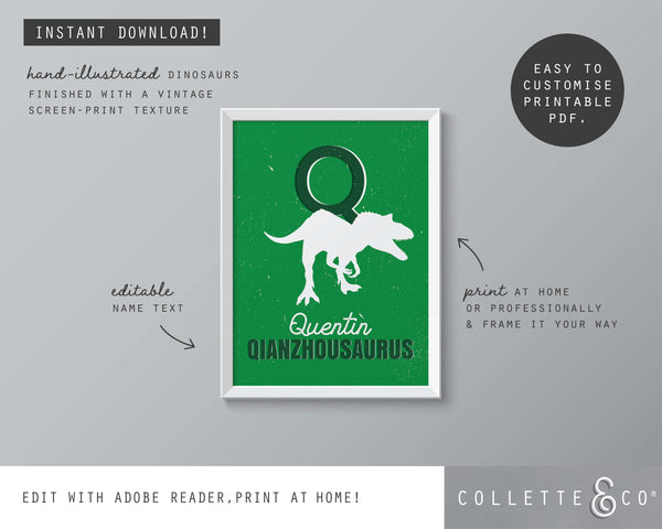 Dinosaur Alphabet A-Z Printable Wall Art (Green)