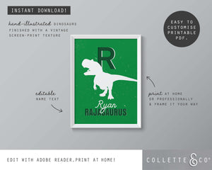 Dinosaur Alphabet A-Z Printable Wall Art (Green)