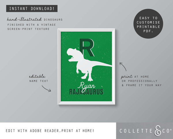 Dinosaur Alphabet A-Z Printable Wall Art (Green)