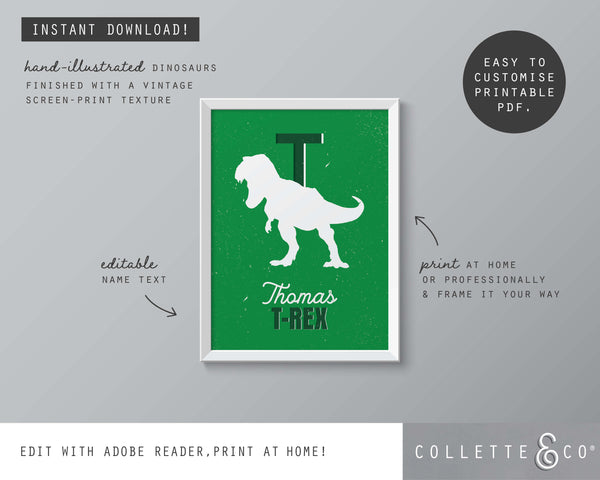 Dinosaur Alphabet A-Z Printable Wall Art (Green)