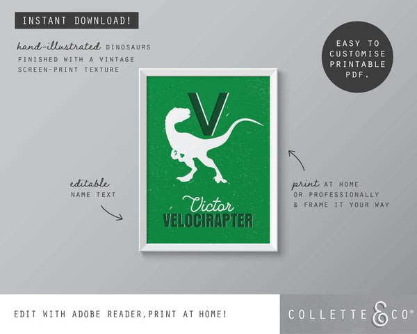 Dinosaur Alphabet A-Z Printable Wall Art (Green)