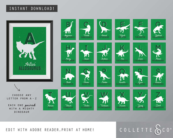 Dinosaur Alphabet A-Z Printable Wall Art (Green)