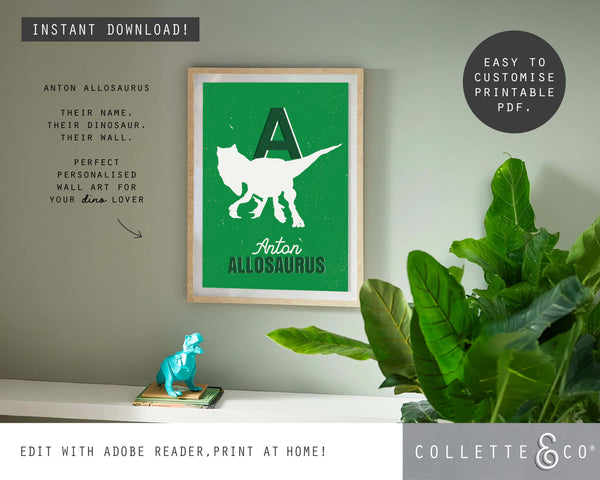 Dinosaur Alphabet A-Z Printable Wall Art (Green)
