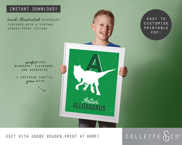 Dinosaur Alphabet A-Z Printable Wall Art (Green)