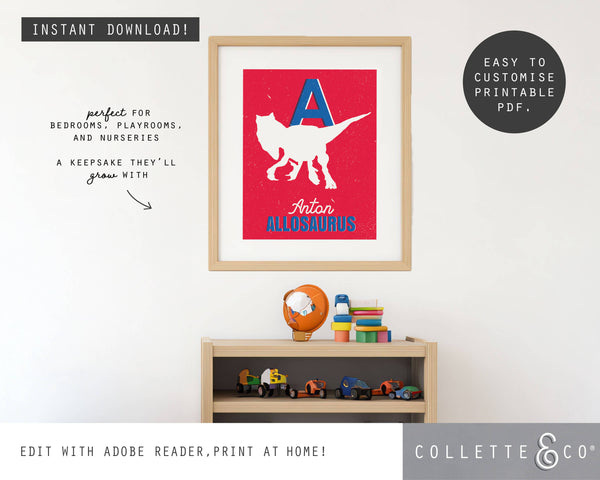 Dinosaur Alphabet A-Z Printable Wall Art (Red & Blue)