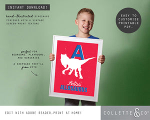 Dinosaur Alphabet A-Z Printable Wall Art (Red & Blue)